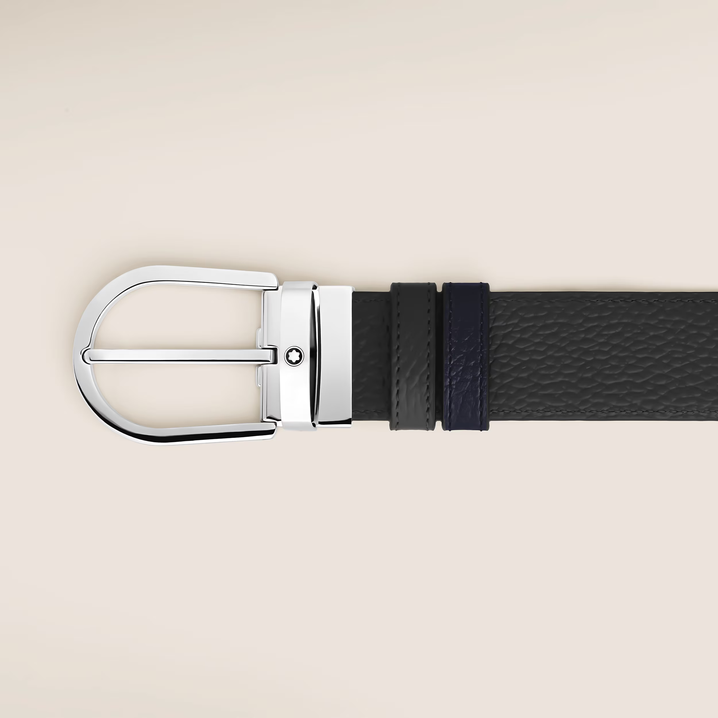 Cintura Reversibile Montblanc Horseshoe 35 mm in Pelle Nera/Blu con Grana 