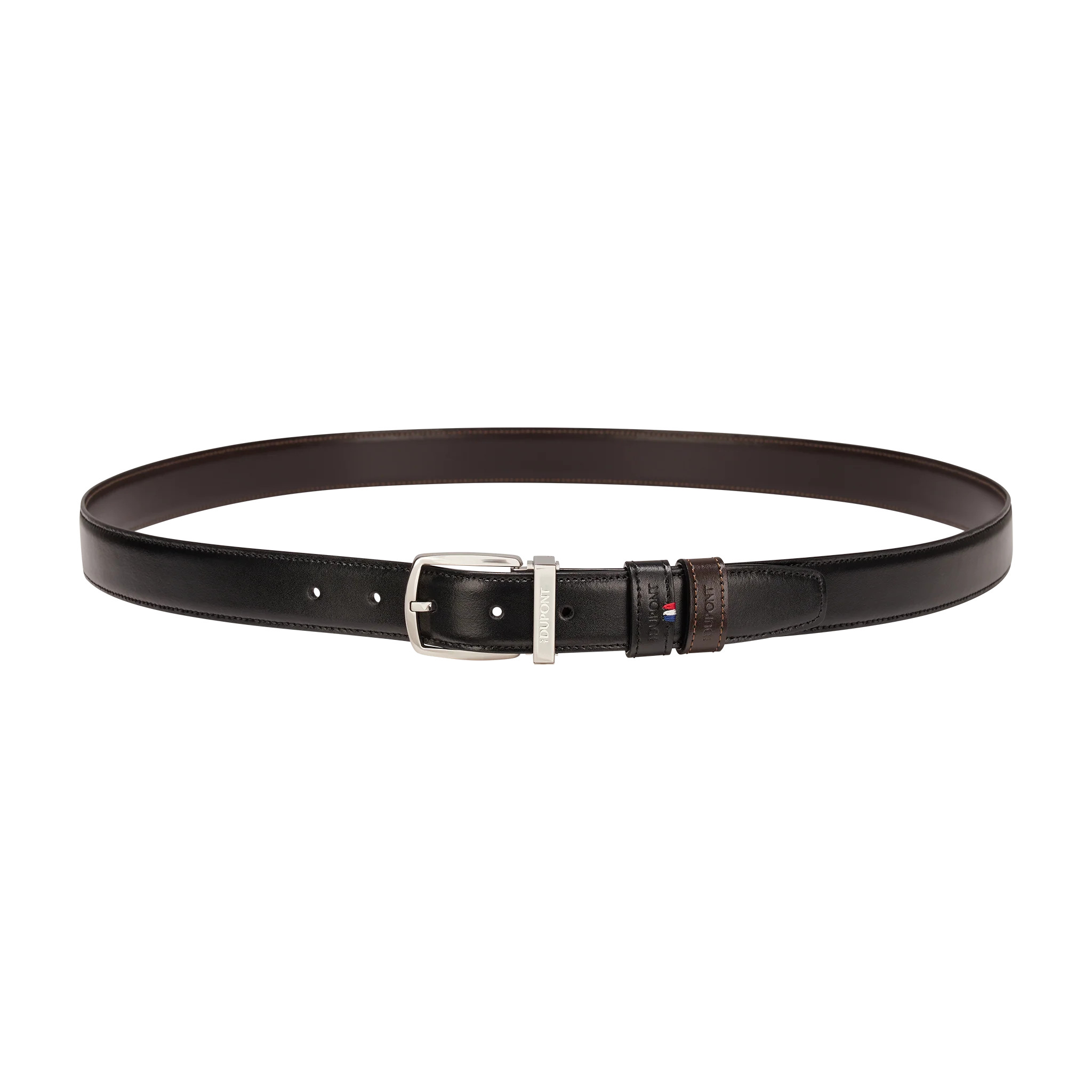 Cintura Reversibile Dupont Line D Nera/Marrone in Pelle di Vacchetta e Palladio 30 mm