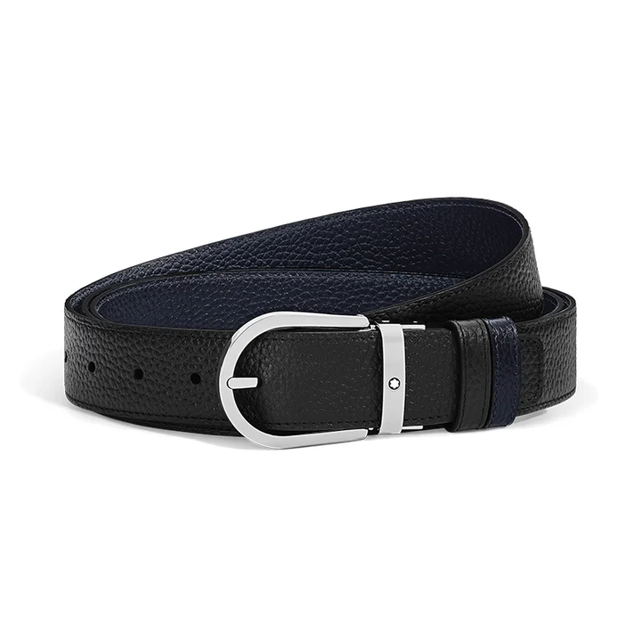 Cintura Reversibile Montblanc Horseshoe 35 mm in Pelle Nera/Blu con Grana 