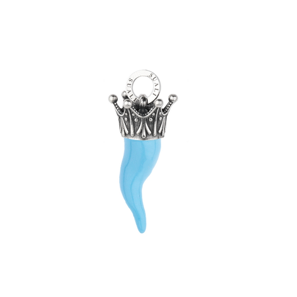 Charm Donna Suali Corno Smaltato Celestino mm 30 in argento 925 fatto a mano, cornetto napoletano portafortuna, catalogo Gioielleria Tondo