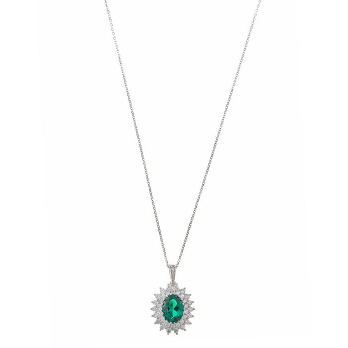 Collana Donna Salvatore Plata in Argento con Pietra Ovale Smeraldo Sintetico e Zirconi Bianchi 