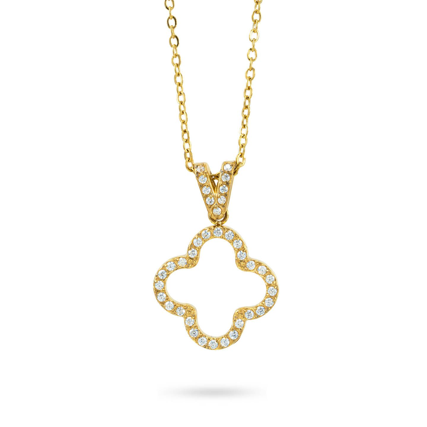 Collana Donna Boccadamo in Acciaio Placcato Oro Giallo con Quadrifoglio di Zirconi Bianchi 