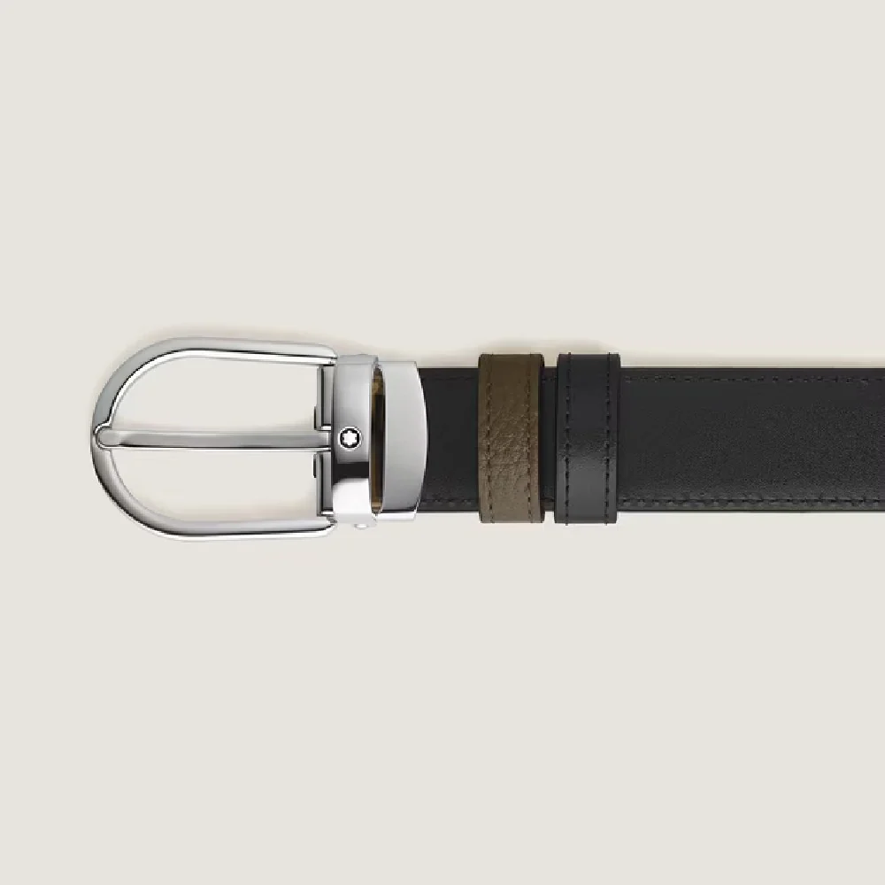 Cintura Reversibile Montblanc 30 Mm in Pelle Kaki/nera con Fibbia a Ferro di Cavallo