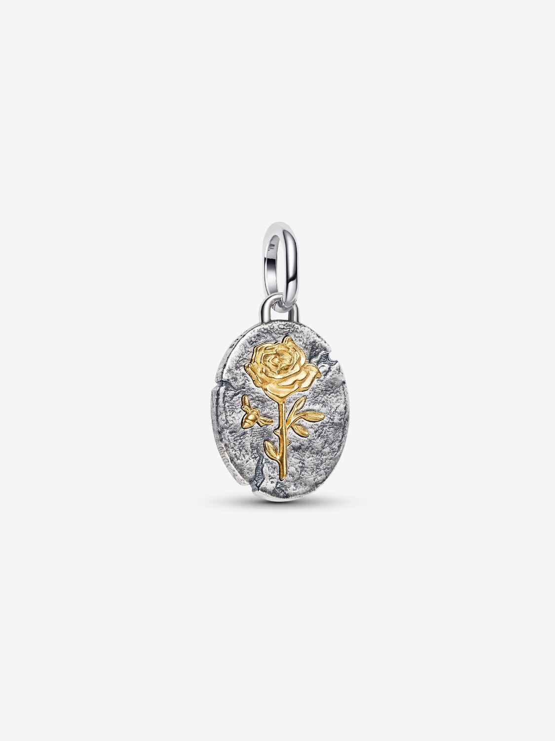 Charm Pandora Medallion Rosa "Rosa Inter Spinas Crescit" Argento Sterling 925, Placcatura in Oro 14k