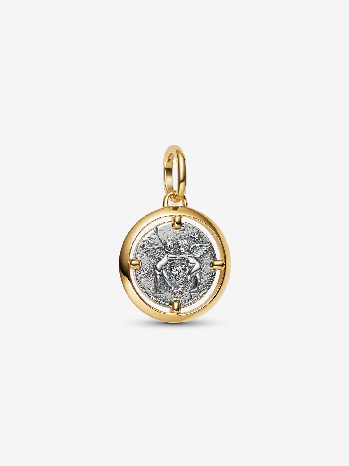Charm Pandora Medallion Cupido "Amor Fati" Argento Sterling 925, Placcatura in Oro 14k