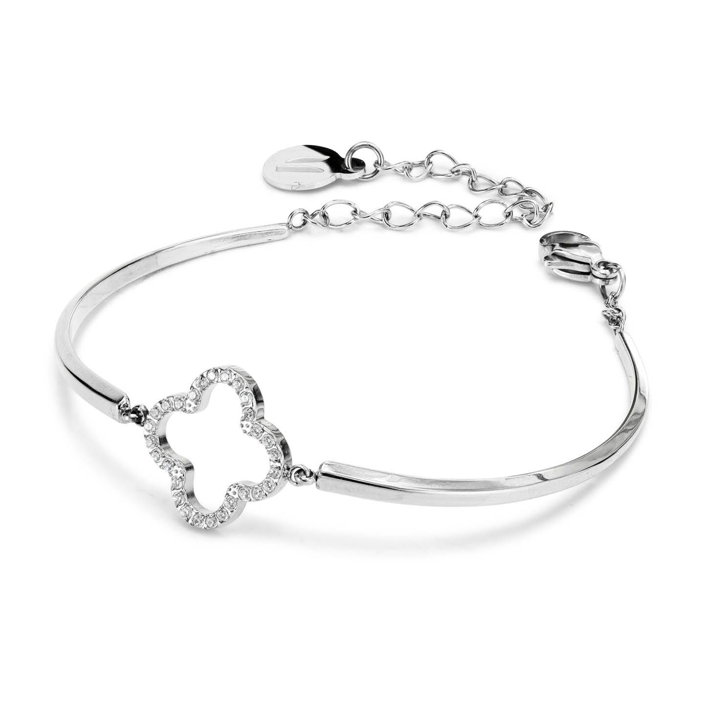 Bracciale Donna Boccadamo Semirigido in Acciaio con Quadrifoglio di Zirconi 