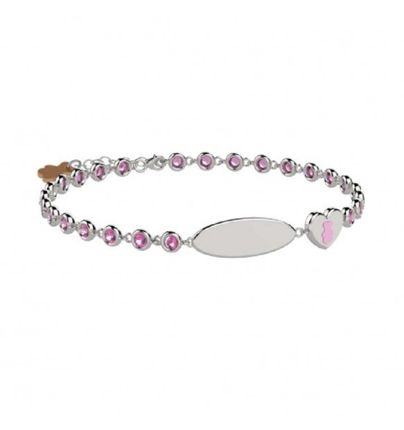 Bracciale Nanan in Argento con Orsetto, Targa e Zirconi Rosa 