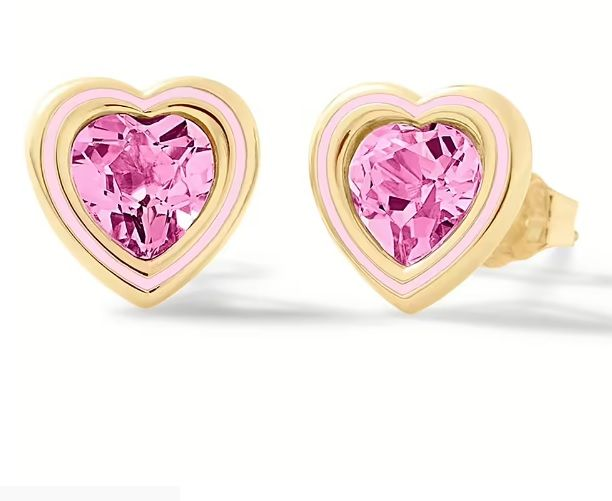 Orecchini Bimba Nanan Cuore in Argento Dorato con Smalto e Pietra Rosa