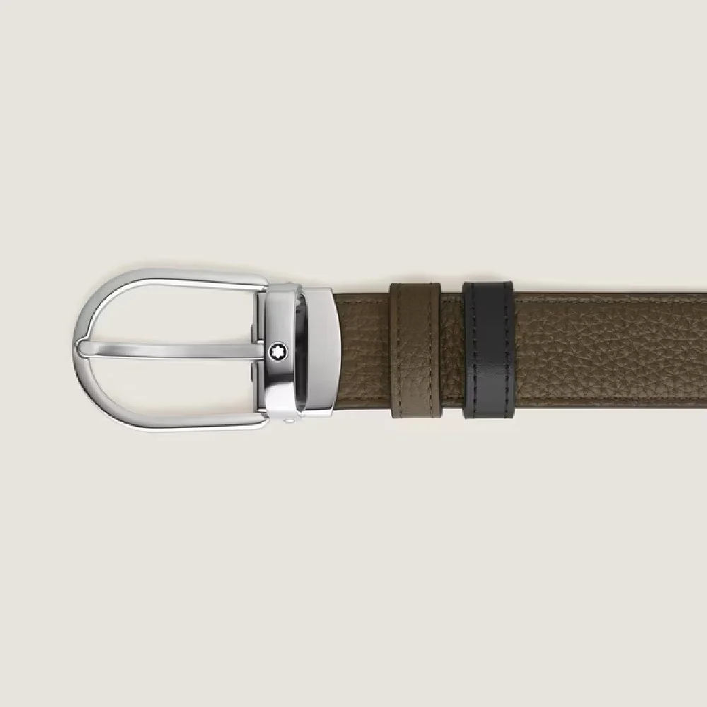 Cintura Reversibile Montblanc 30 Mm in Pelle Kaki/nera con Fibbia a Ferro di Cavallo