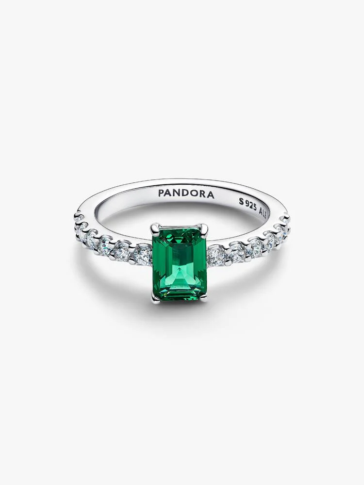 Anello Pandora con Pietra Centrale Taglio Baguette Verde e Zirconi in Argento Sterling 925 Misura 48