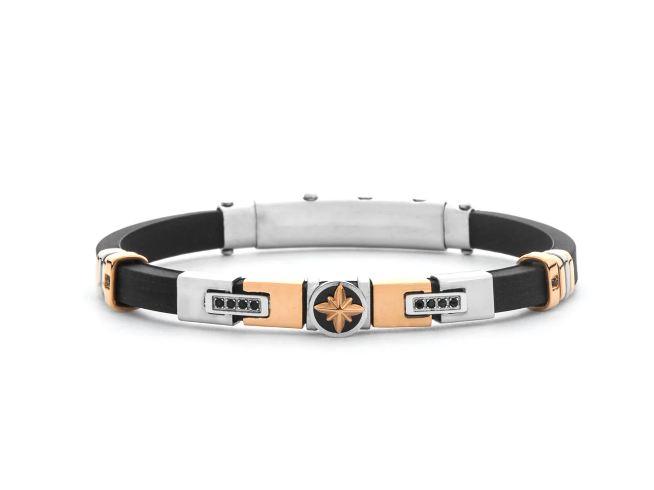 Bracciale Uomo Paciotti in Acciaio pvd Rosè, Silicone Nero e Zirconi Neri 
