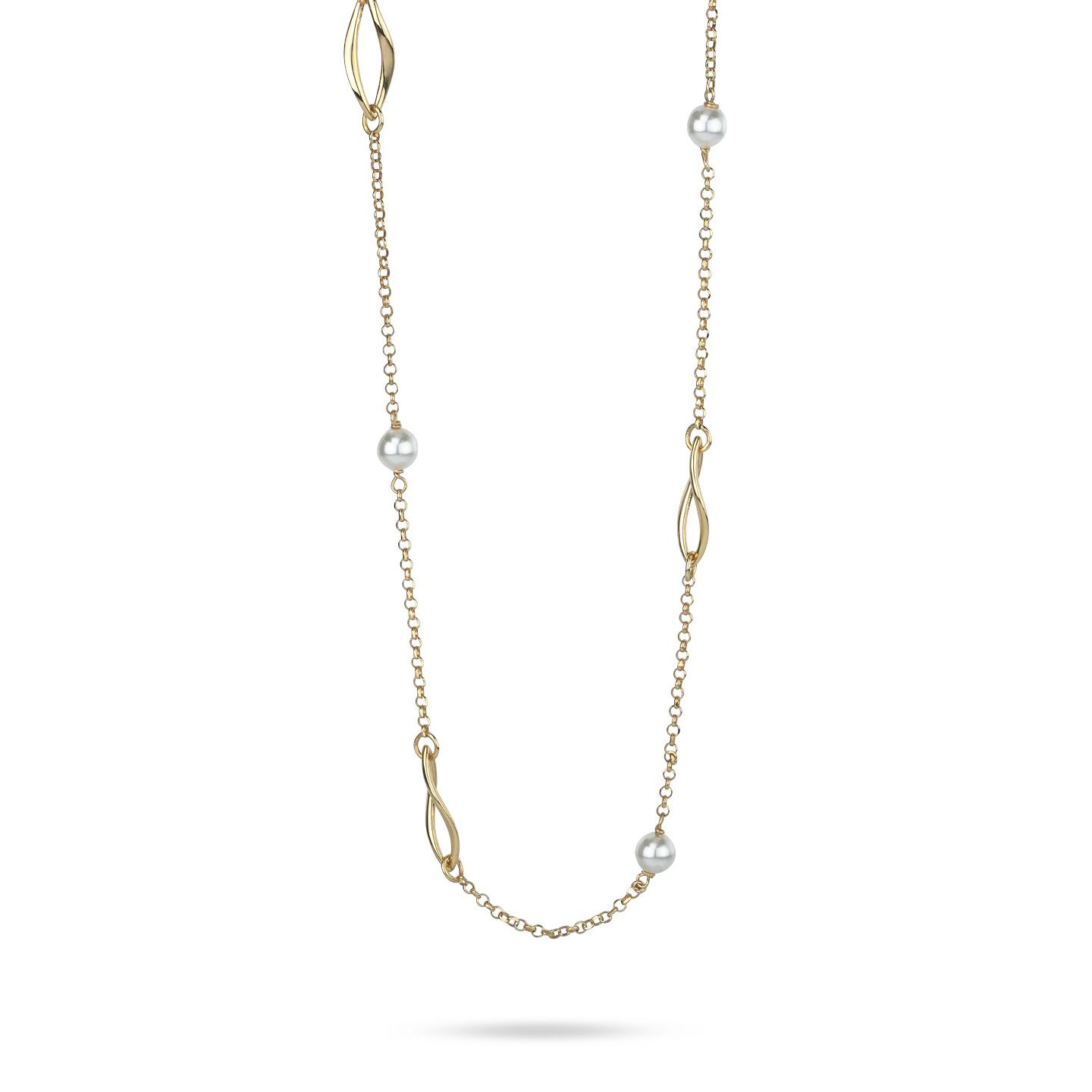 Collana Lunga Donna Boccadamo Placcata Oro Giallo, con Perle e Profili a Forma di Foglie con Effetto Torchon