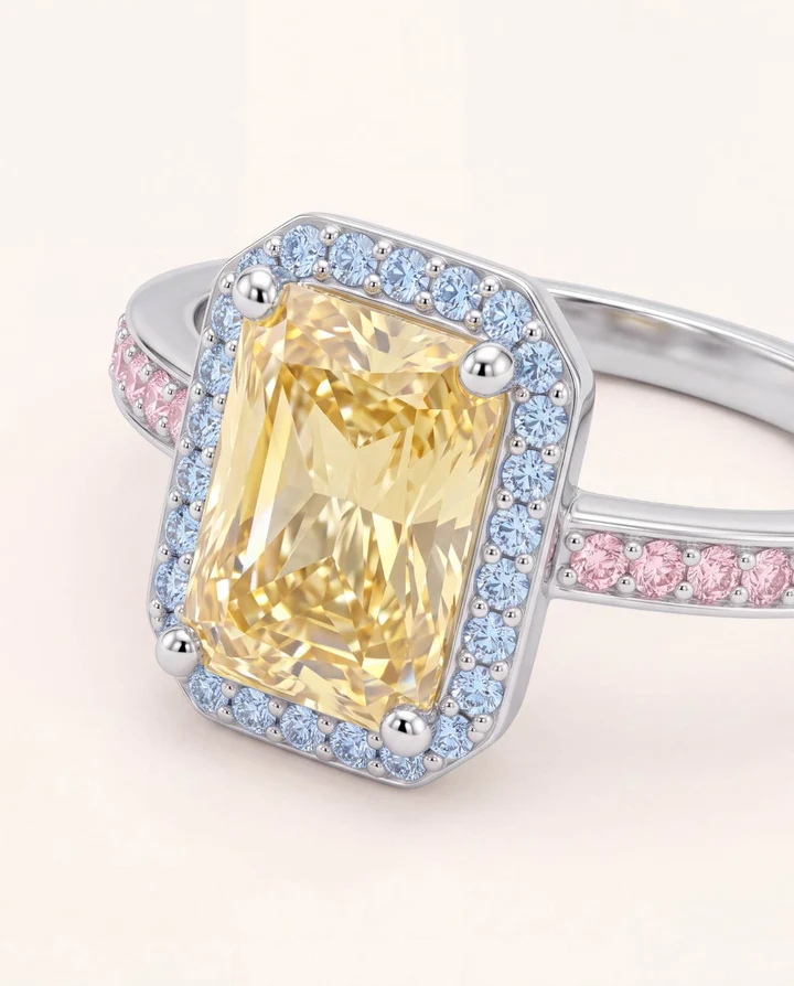 Anello Amabile Soleil Solitario con Pietra Gialla Radiance e Halo Acquamarina