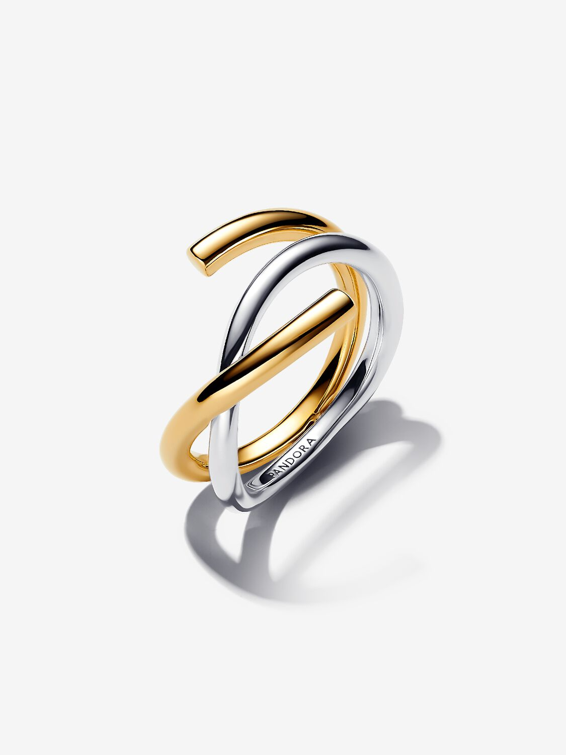Anello Pandora Fascia Intrecciata Aperta Bicolore Argento Sterling 925, Placcatura in Oro 14k