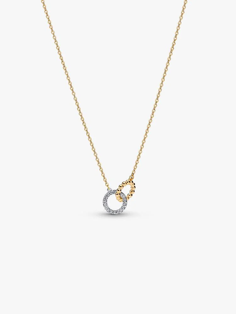 Collana Pandora Cerchi Intrecciati Sfere e Pavè in Argento Sterling 925 Rifinita in Oro