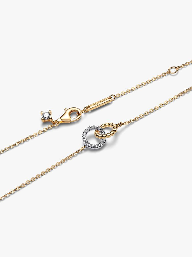 Collana Pandora Cerchi Intrecciati Sfere e Pavè in Argento Sterling 925 Rifinita in Oro