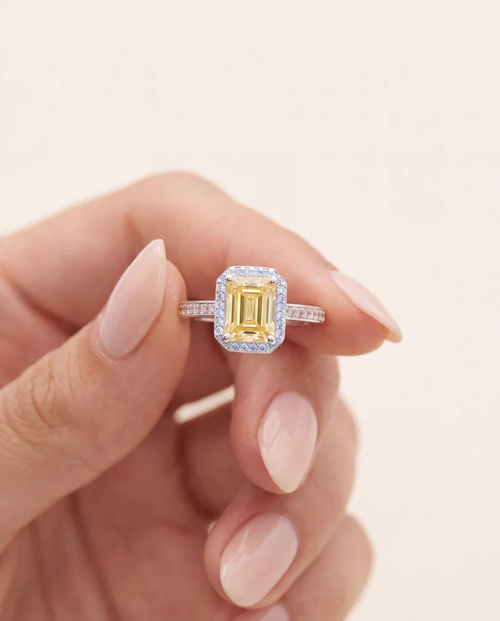 Anello Amabile Soleil Solitario con Pietra Gialla Radiance e Halo Acquamarina