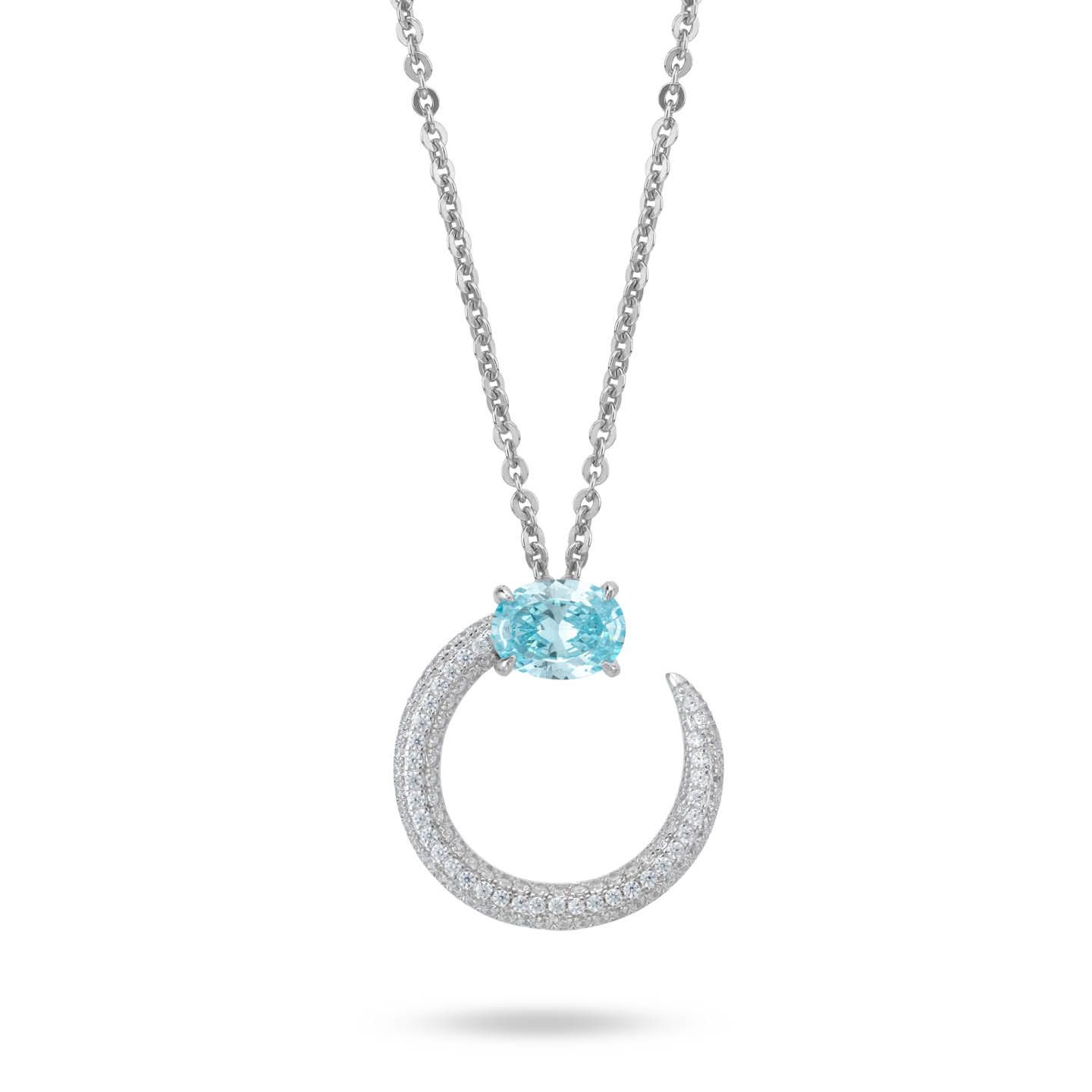 Collana Donna Boccadamo in Argento con Pendente a Mezzaluna in Pavè di Zirconi e Cristallo Ovale Acquamarina