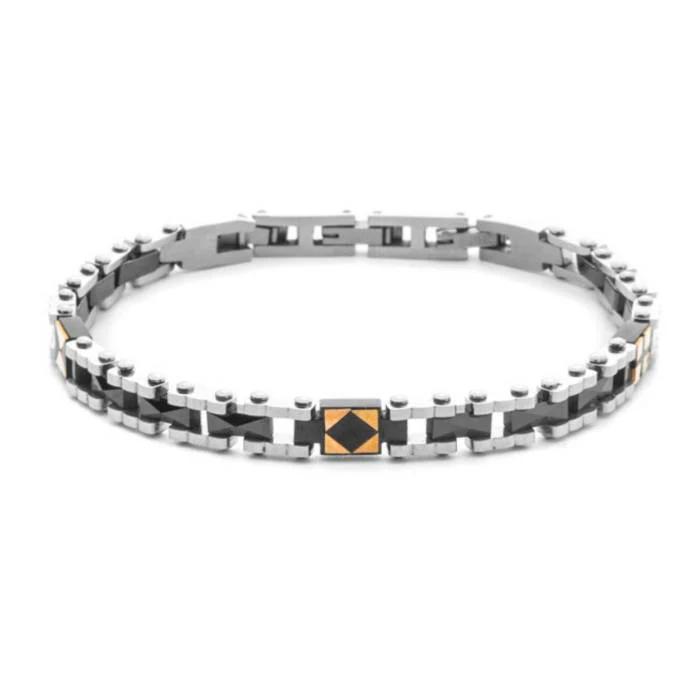 Bracciale Uomo Paciotti in Acciaio e Ceramica Nera Alternato con Placca Dorata Centrale