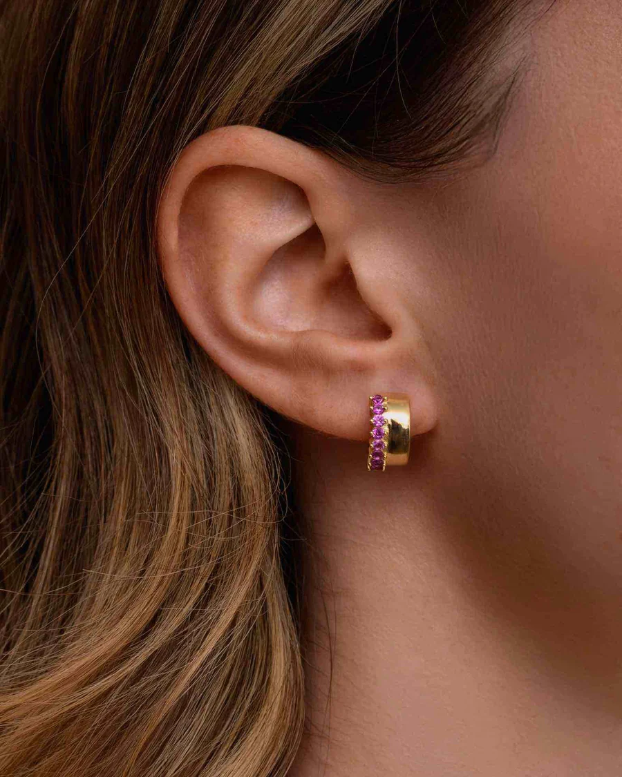 Orecchino Destro Donna Amabile Hoop Chérie Dorato a Cerchio Piccolo Largo con Zirconi Fucsia