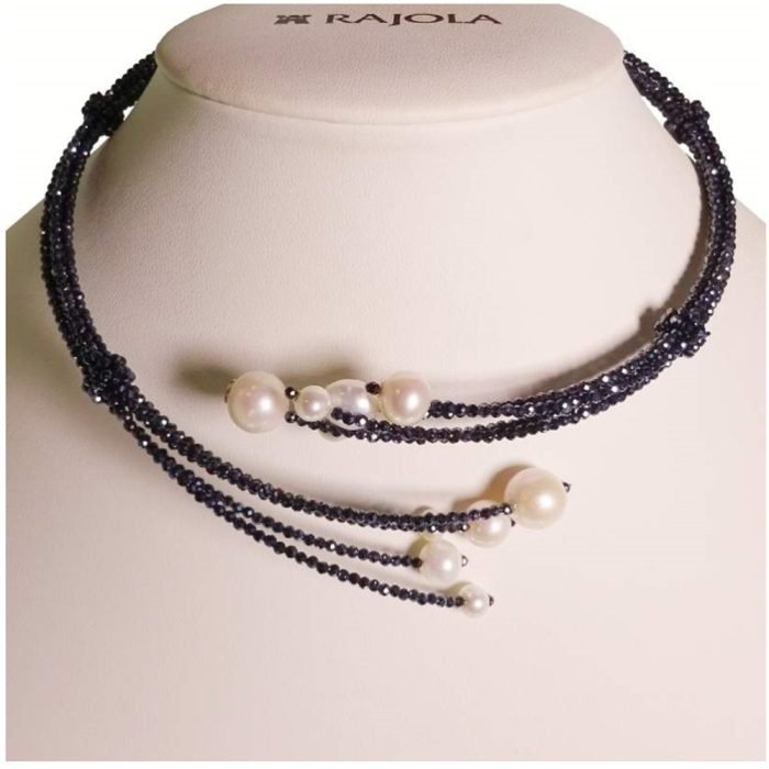Collana Rajola Multifilo con Spinelli Blu e Perle Bianche 