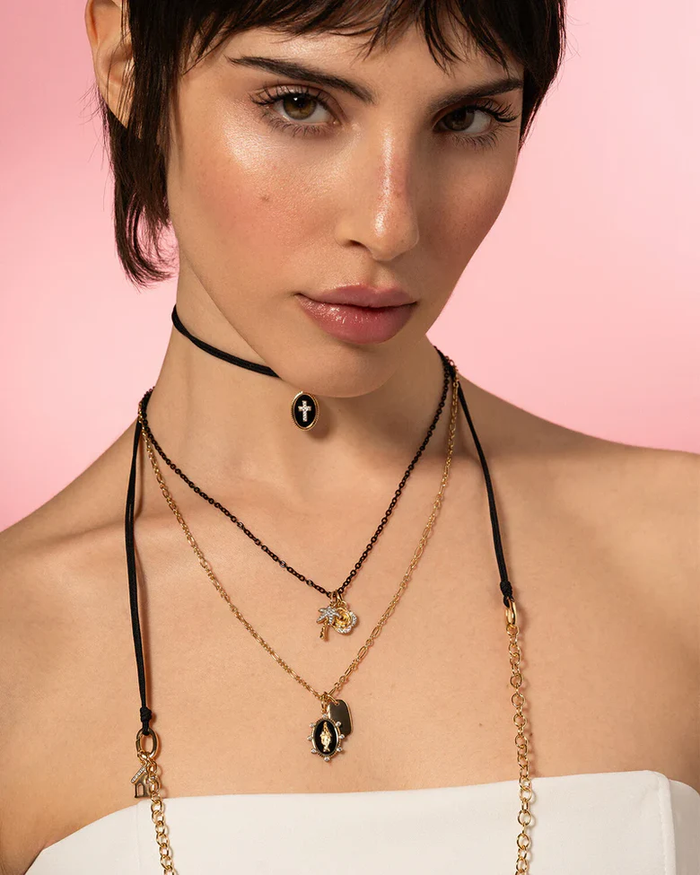 Charm Donna Rue Des Mille Croce Nera in Argento Dorato 