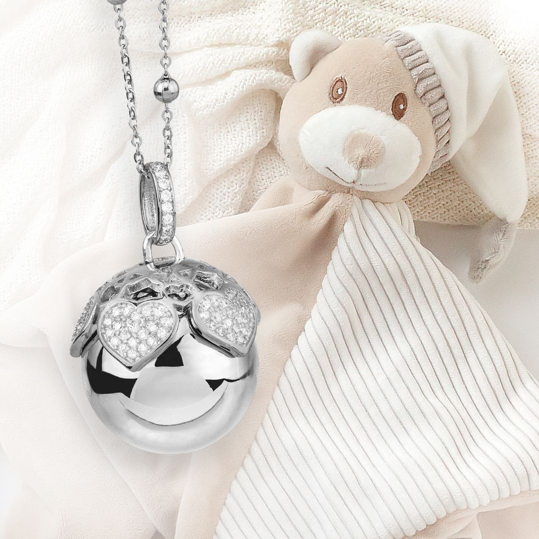 Collana Donna Boccadamo Chiama Angeli con Ciondolo Sonoro, Coppetta Rodiata di Cuori e Peluche 