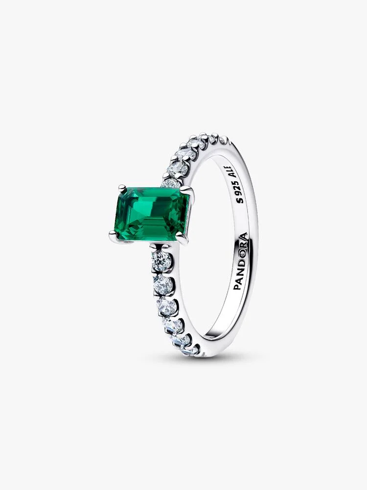 Anello Pandora con Pietra Centrale Taglio Baguette Verde e Zirconi in Argento Sterling 925 Misura 48