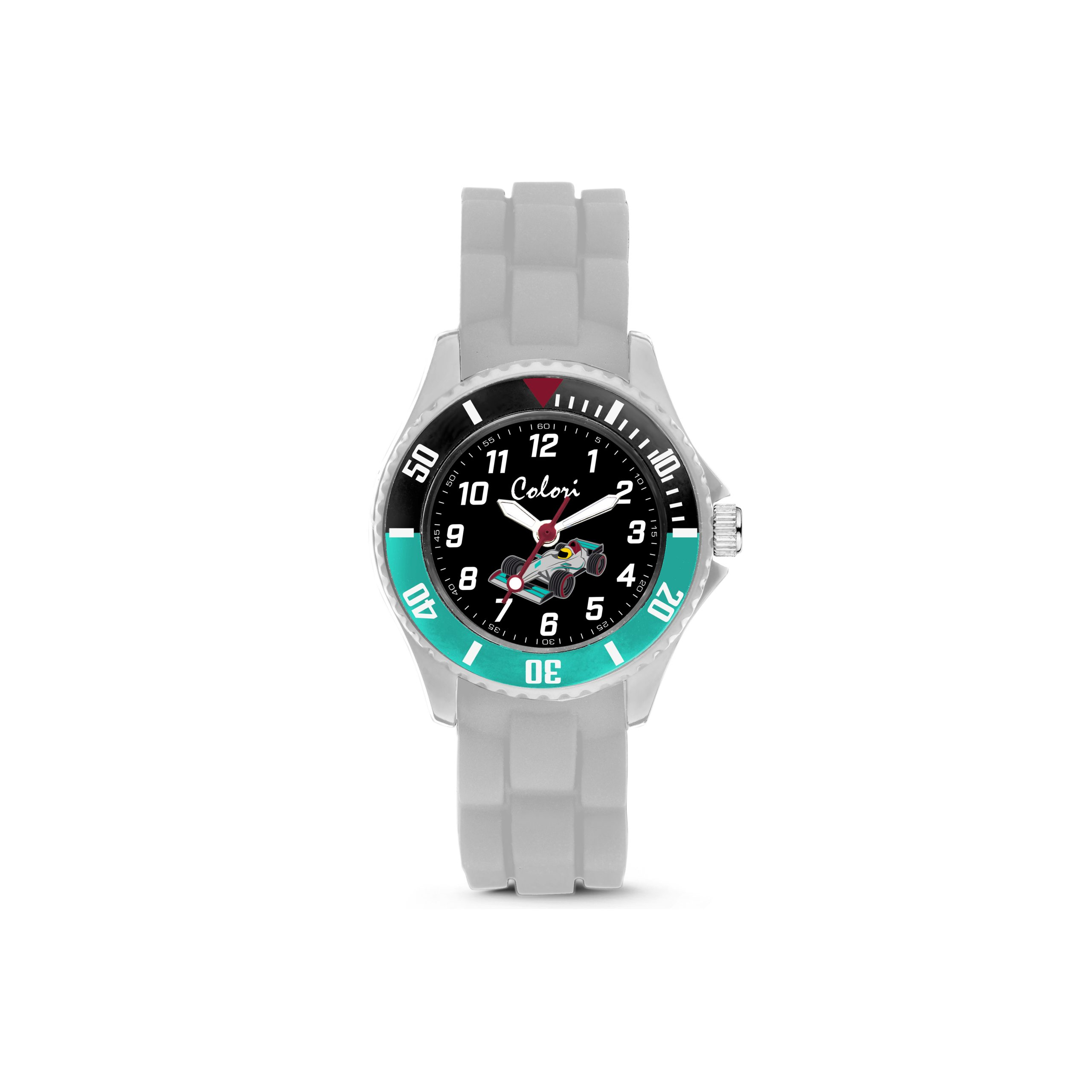 Orologio Bambino Colori Kidswatch con Auto da Corsa al Quarzo con Quadrante Nero 30mm Cinturino Grigio