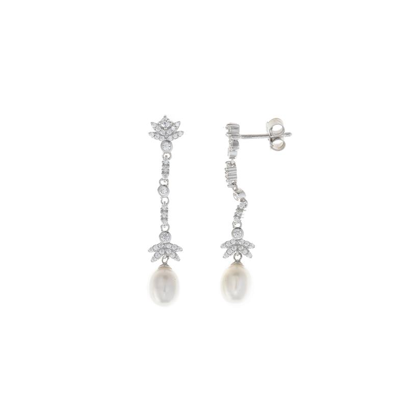 Orecchini Donna Salvatore Plata in Argento Filigrana di Rodio con Zirconi Bianchi e Perla D'Acqua Dolce 