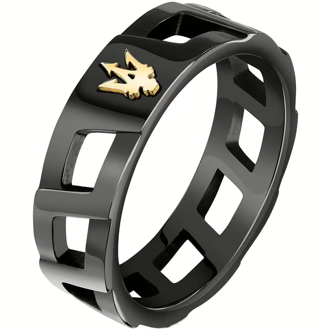 Anello a Fascia Uomo Maserati Iconic in Acciaio Nero e Logo Dorato 
