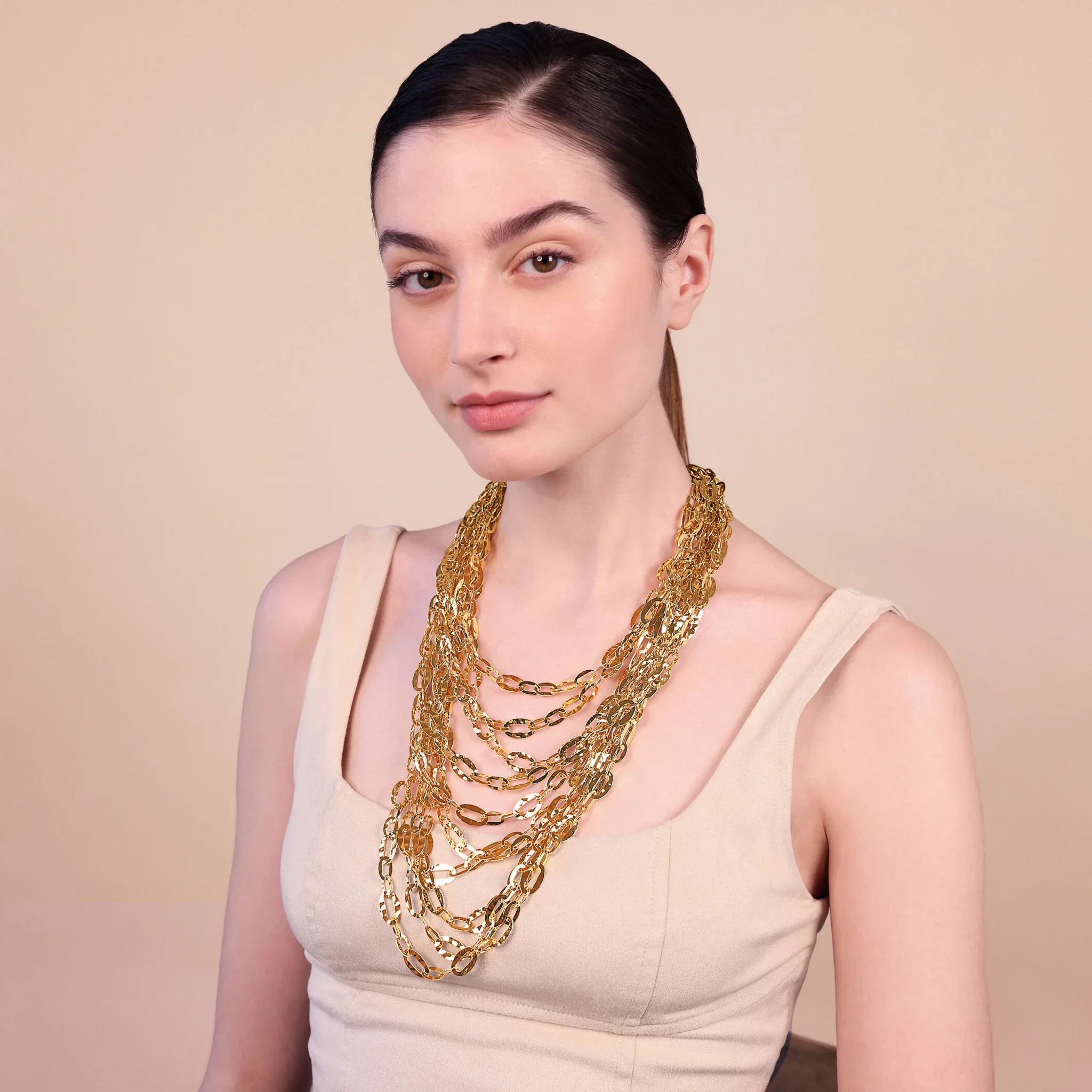 Collana Multifilo Donna Etrusca Graduata Catena Ovale Martellata