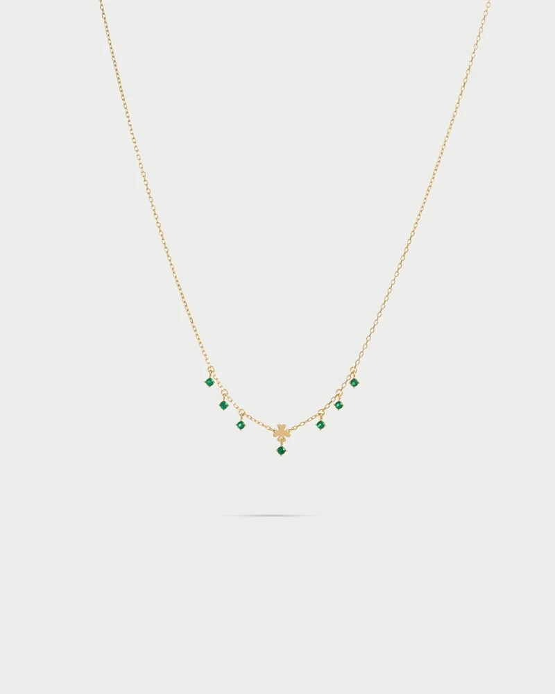 Collana Donna Rue Des Mille Essence in Argento pvd Oro con Quadrifoglio e Zirconi Verdi Pendenti 
