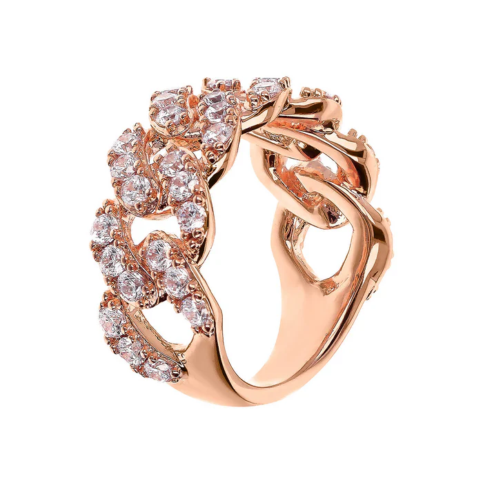 Anello Bronzallure a Fascia Catena Grumetta Squadrata con Pavé di Cubic Zirconia 