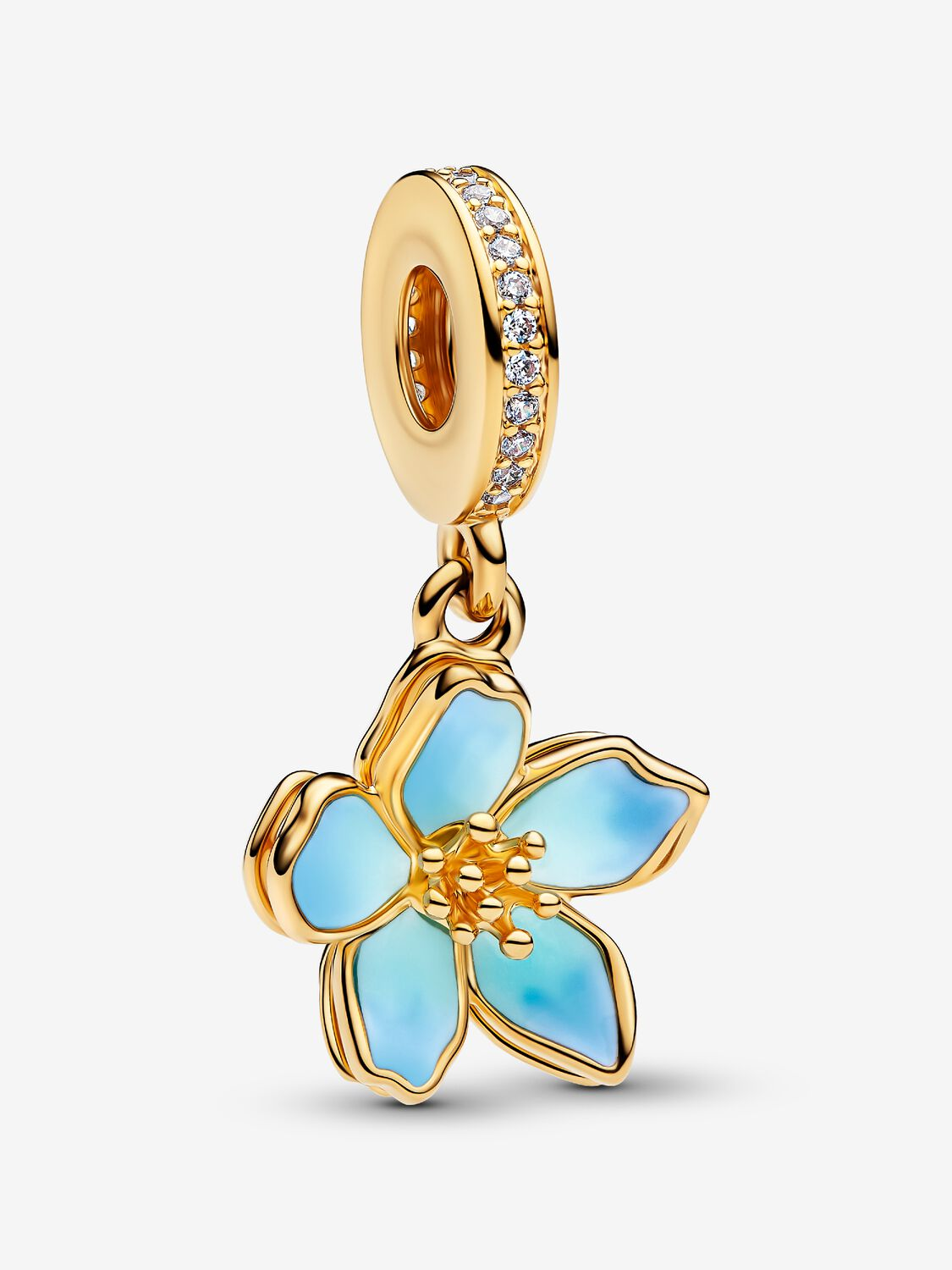 Charm Pandora Pendente Fiore di Ciliegio Blu Placcatura Oro 14 kt