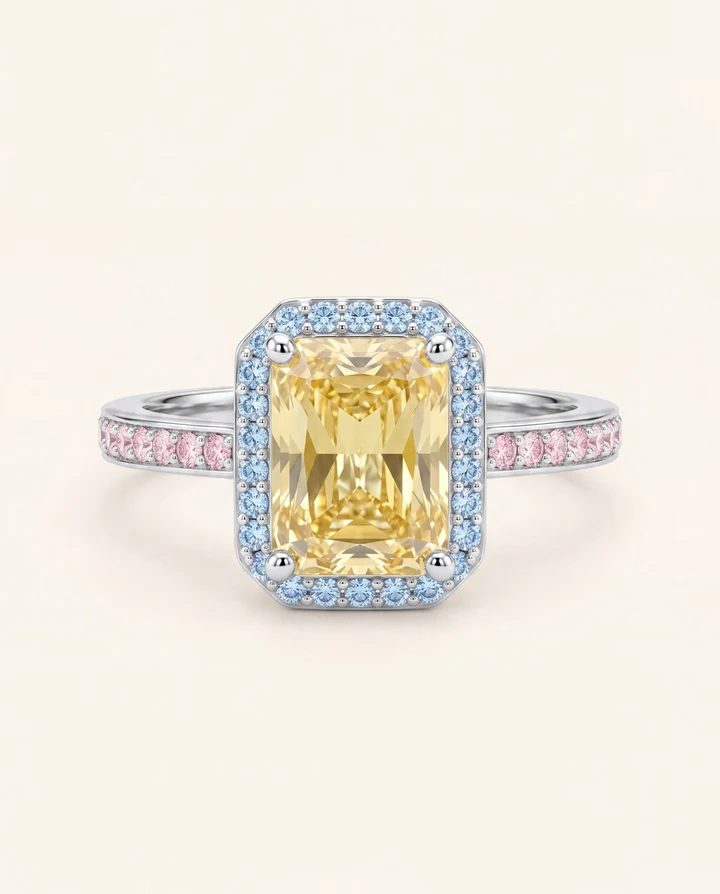 Anello Amabile Soleil Solitario con Pietra Gialla Radiance e Halo Acquamarina