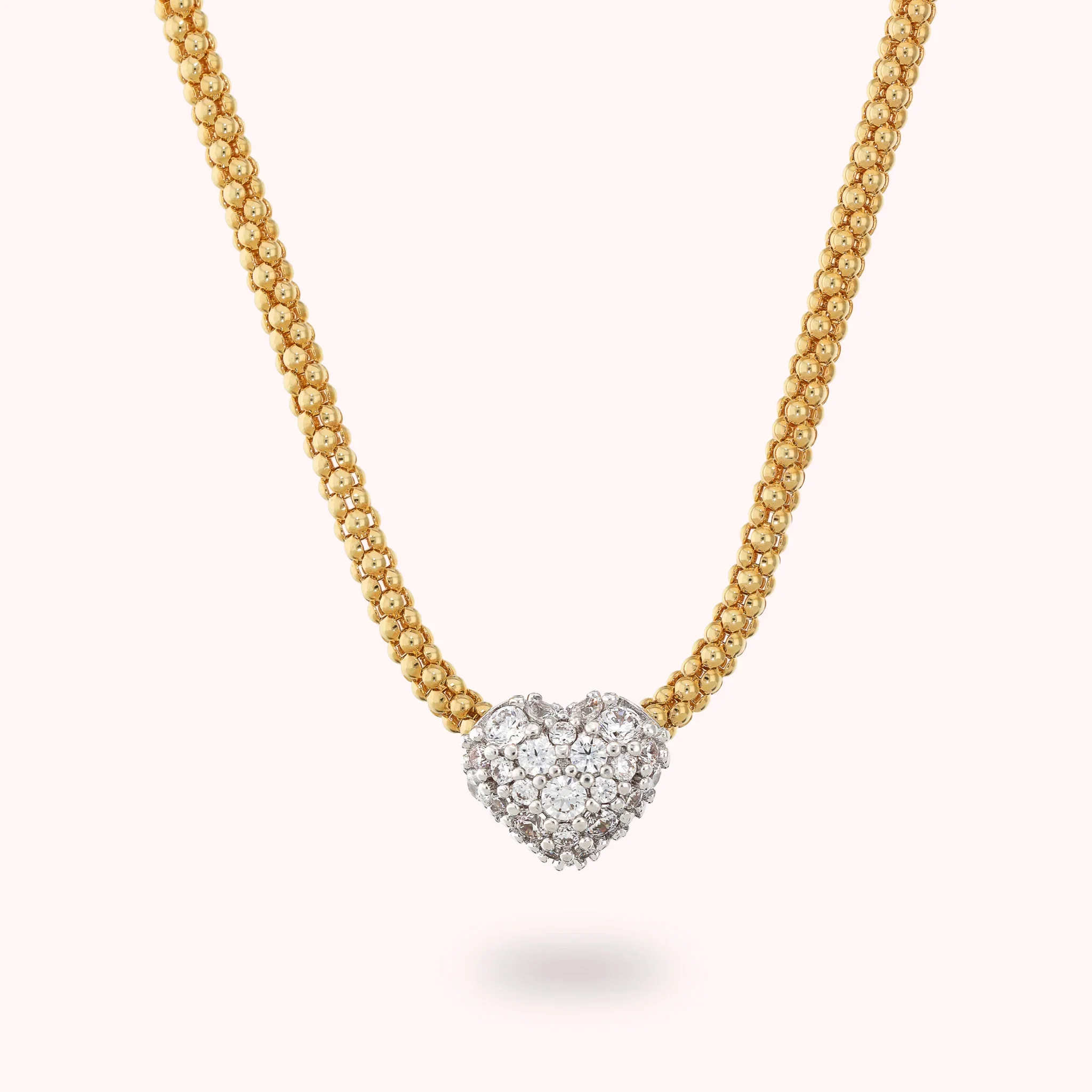 Collana Donna Bronzallure Golden Maglia Popcorn con Cuore in Pavé di Cubic Zirconia