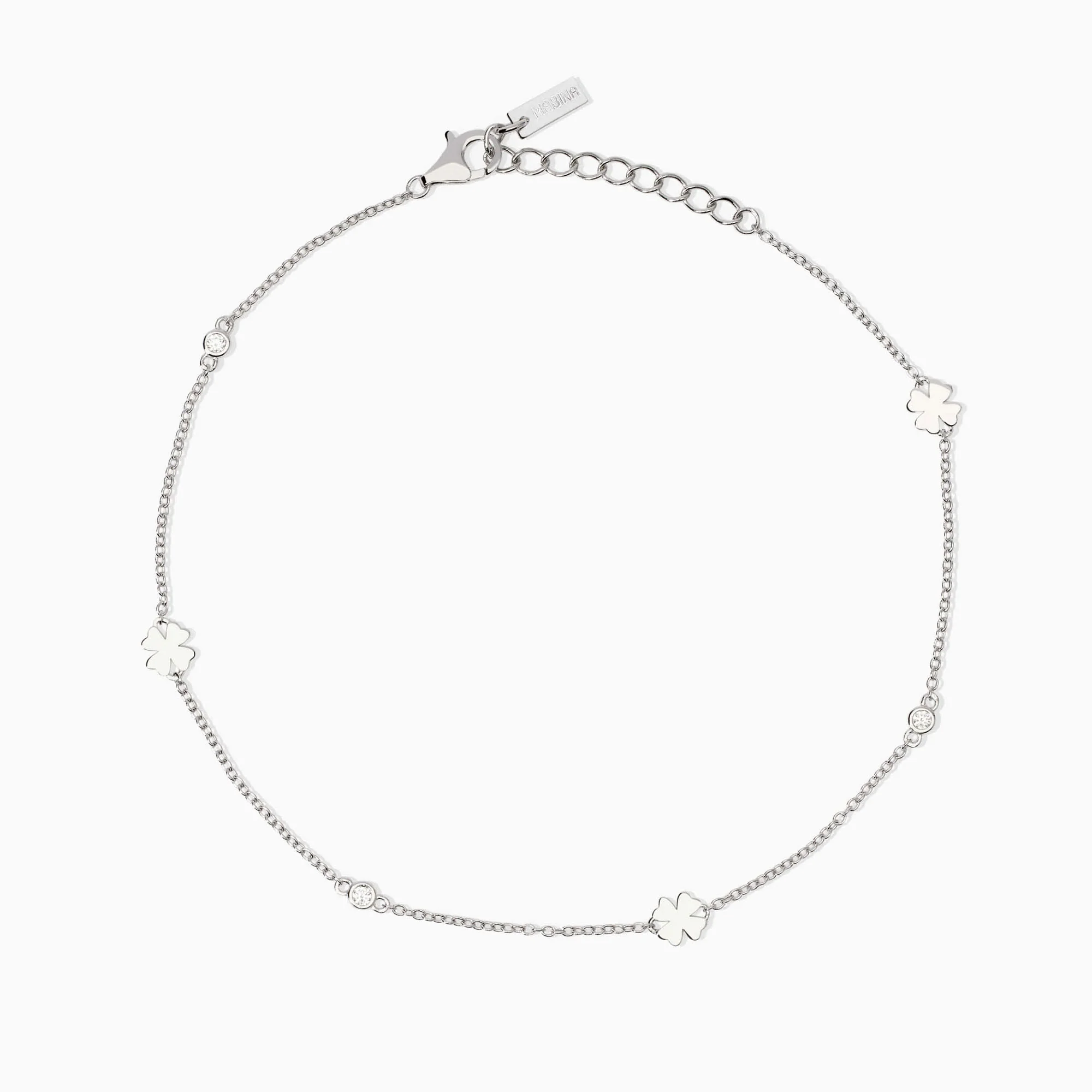 Cavigliera Regolabile Mabina in Argento con Quadrifogli e Zirconi