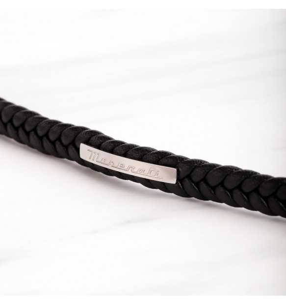 Bracciale Maserati i Pelle Nera Intrecciata e Acciaio