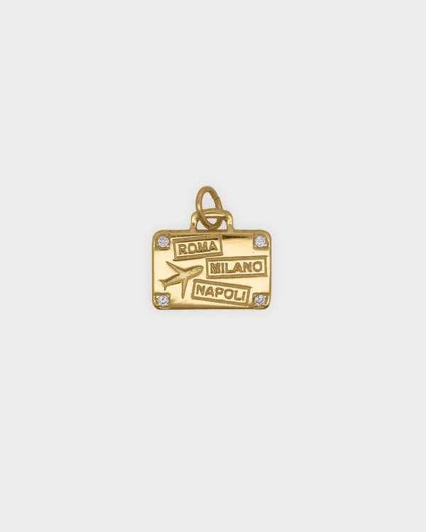 Charm Donna Rue Des Mille Valigia in Argento Dorato e Zirconi Bianchi 