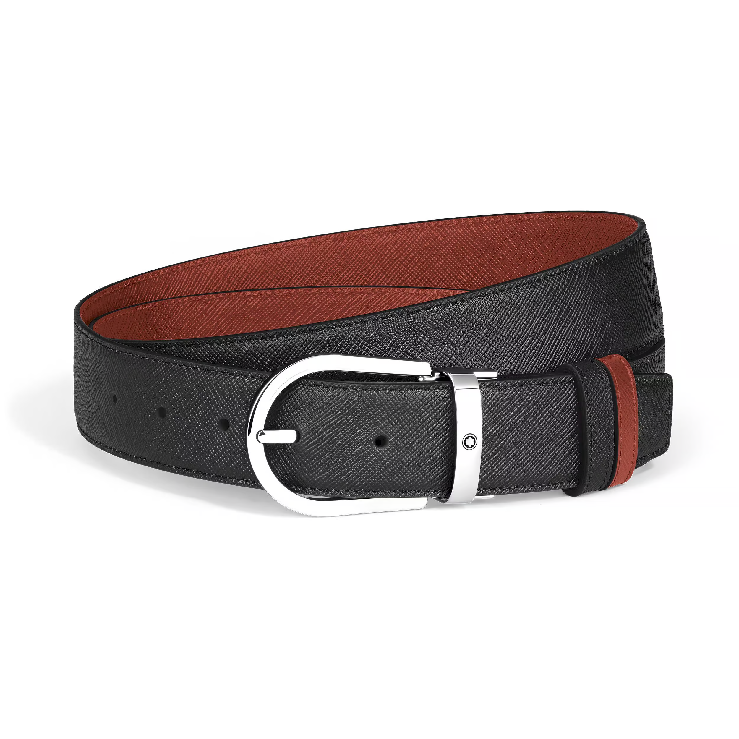 Cintura Reversibile Montblanc Horseshoe 30 mm in Pelle Sartorial Nera/Quercia Rossa