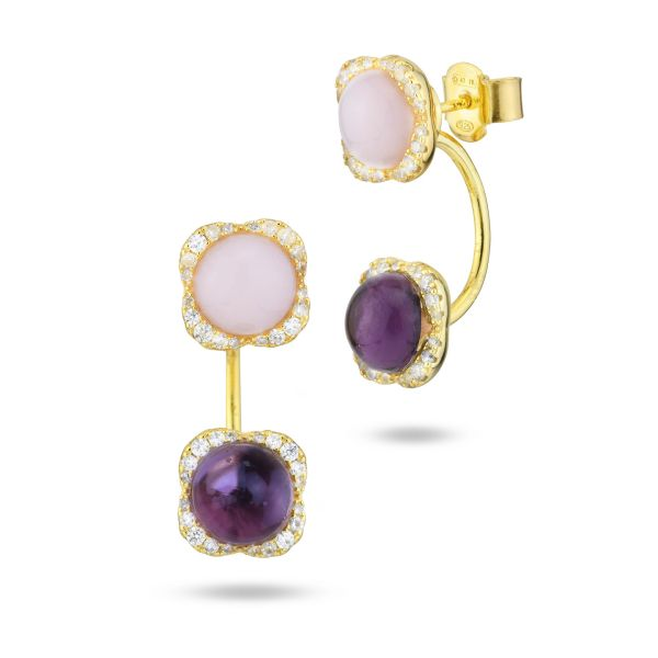 Orecchini Donna Boccadamo Argento a Lobo con Pendente, Placcati Oro Giallo, con Fiori Quarzo Rosa e Ametista