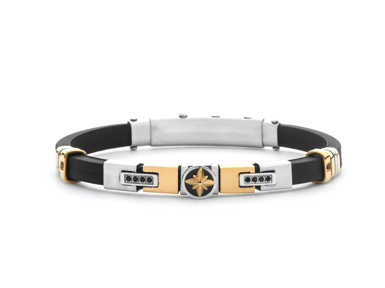 Bracciale Uomo Paciotti in Acciaio pvd Dorato, Silicone Nero e Zirconi Neri 