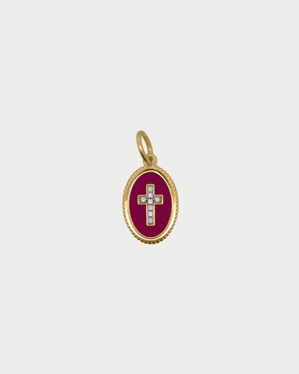 Charm Donna Rue Des Mille Croce Burgundy in Argento Dorato e Zirconi Bianchi 