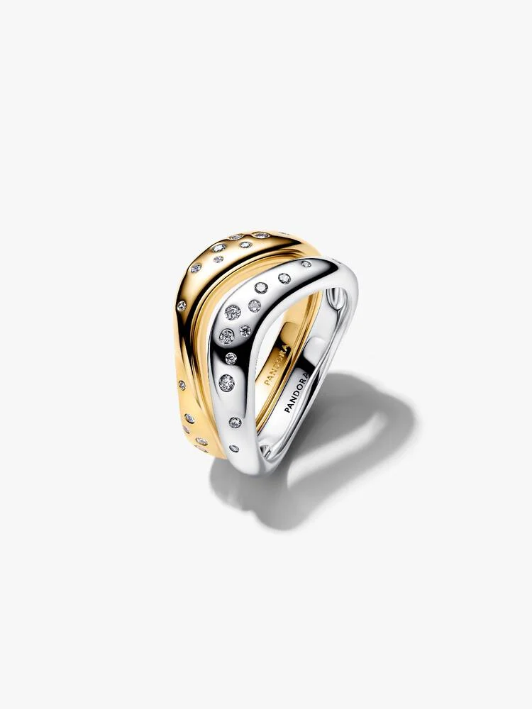 Anello Pandora Linea Sinuosa Divisibile Bicolore con Pietre Luminose Misura 54