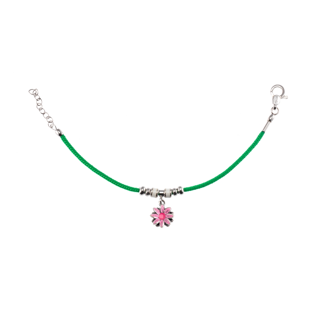 Bracciale Suali Kids Cordoncino Verde Riporti Bianchi e Charm Fiore
