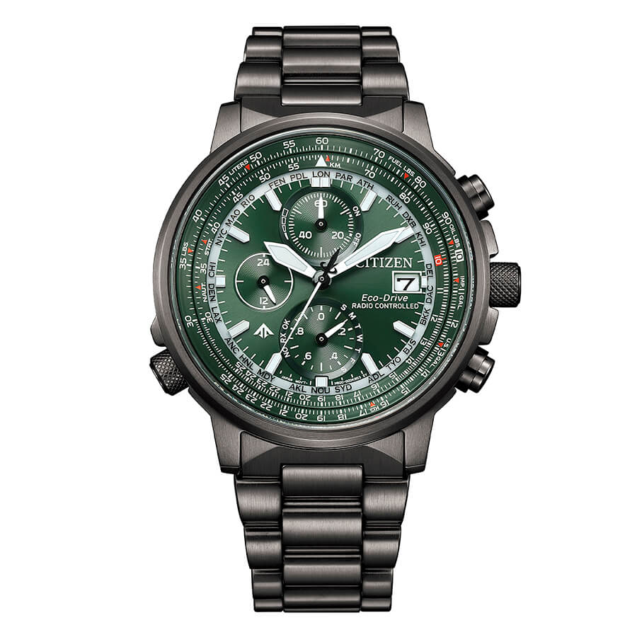 Orologio Uomo Citizen Radiocontrollato Crono Pilot Eco-Drive con Quadrante Verde 41 mm