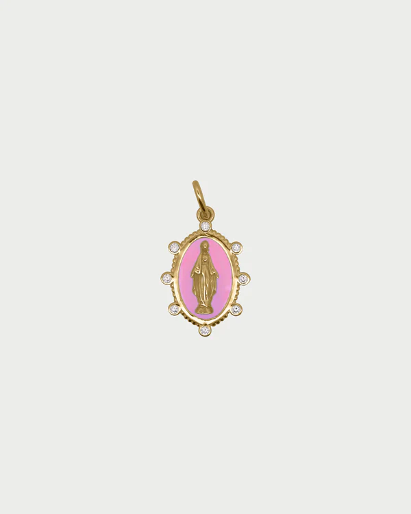 Charm Donna Rue Des Mille Madonnina con Smalto Rosa in Argento Dorato e Zirconi Bianchi 