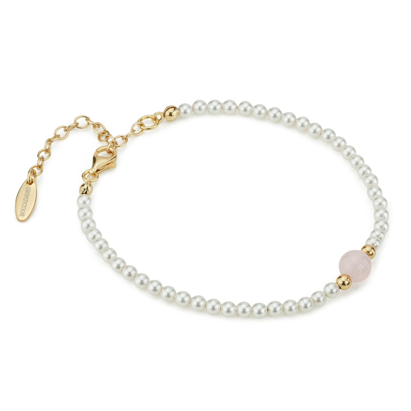 Bracciale Donna Boccadamo Placcato Oro Giallo con Filo di Perle Piccole, Boules e Quarzo Rosa Centrale 