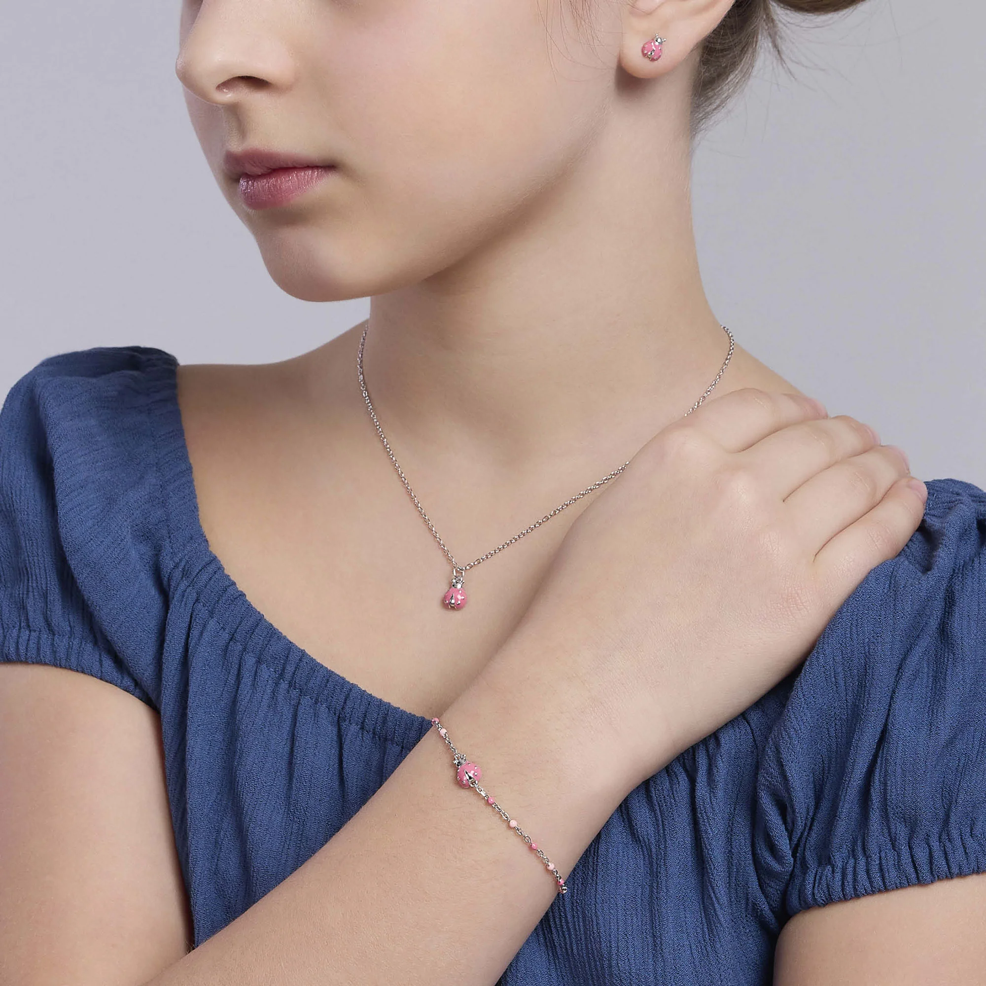 Orecchini Mabina in Argento per Bambina con Coccinella Rosa